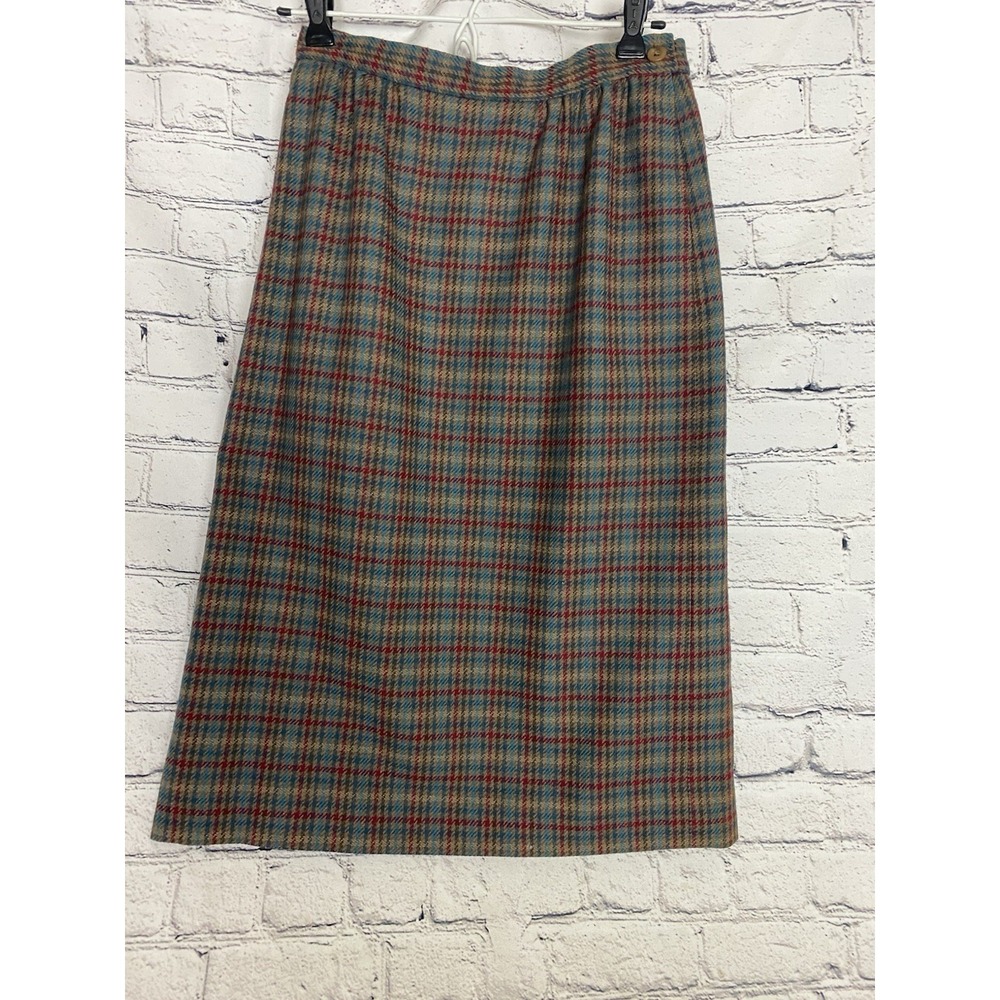 Vintage Pendleton Plaid Houndstooth Wool Skirt Blue Red Tan 8 USA Pencil Skirt